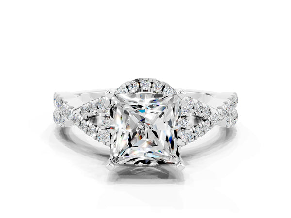 White gold Princess Cut Moissanite  Halo Twist Band Solitaire Prong Setting Ring