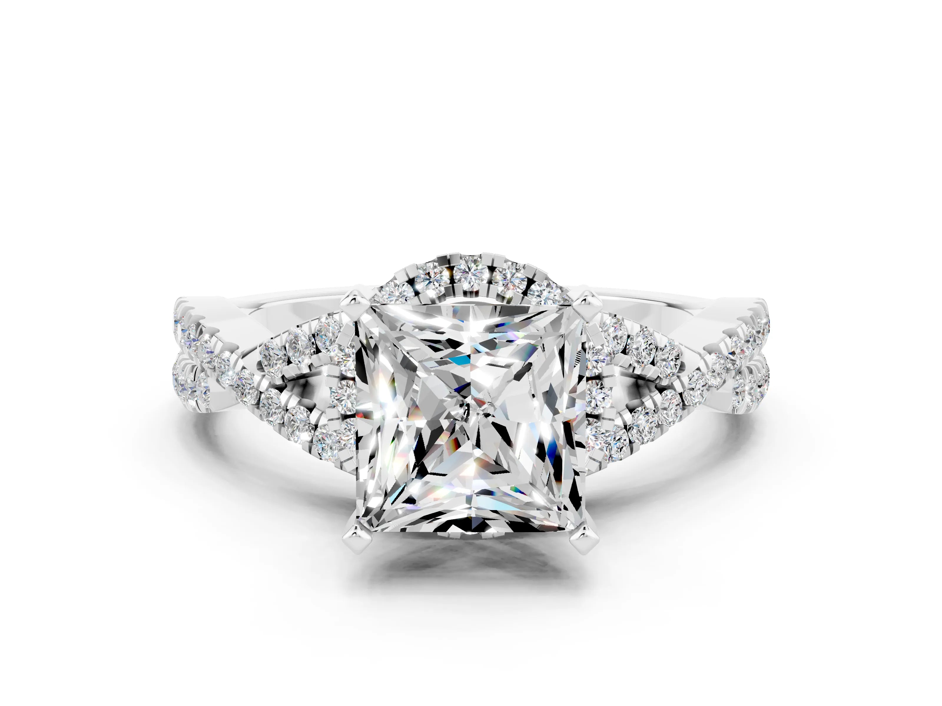 White gold Princess Cut Moissanite Halo Twist Band Solitaire Prong Setting Ring