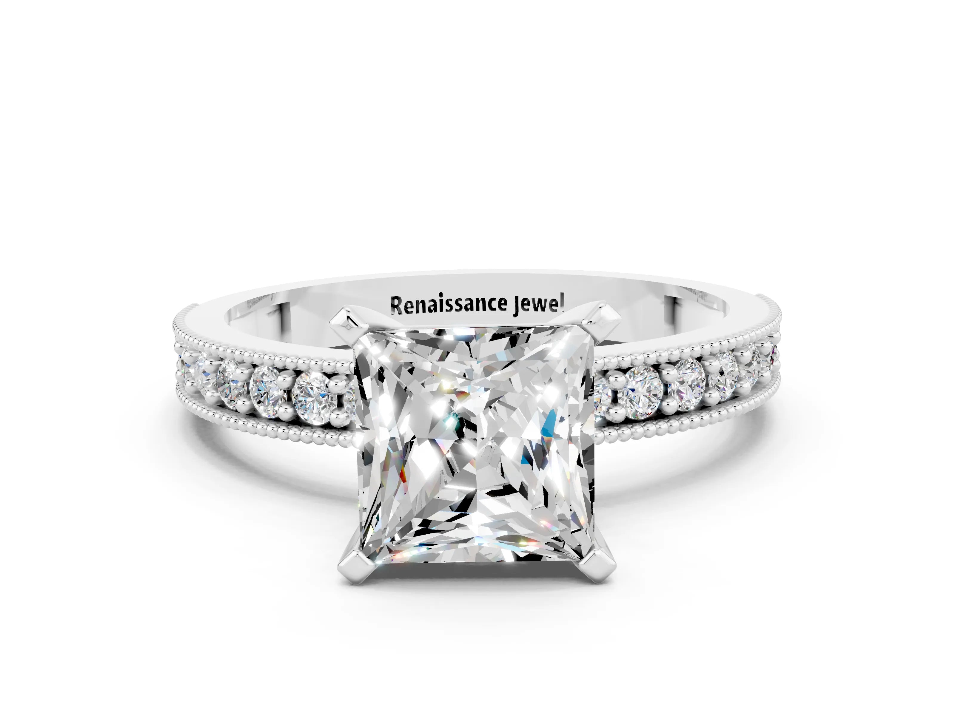White gold Princess Cut Moissanite Milgrain Pavé Engagement Ring with Four-Prong Setting_12