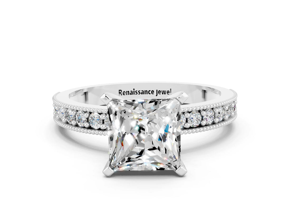 White gold Princess Cut Moissanite Milgrain Pavé Engagement Ring with Four-Prong Setting_12