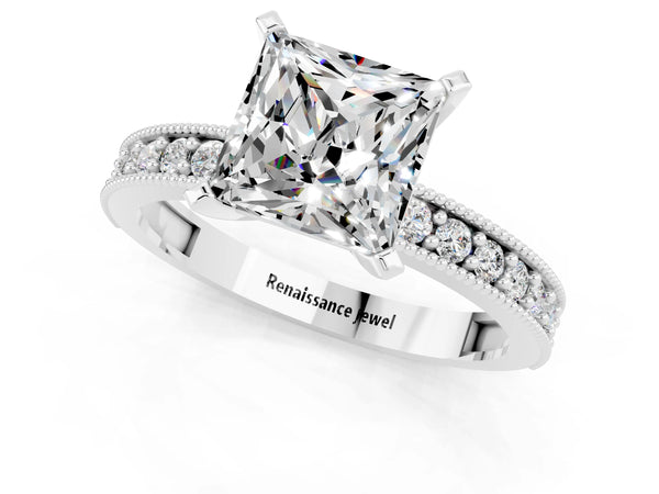 Platinum Princess Cut Moissanite Milgrain Pavé Engagement Ring with Four-Prong Setting