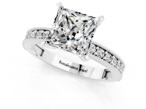 White gold Princess Cut Moissanite Milgrain Pavé Engagement Ring with Four-Prong Setting_13