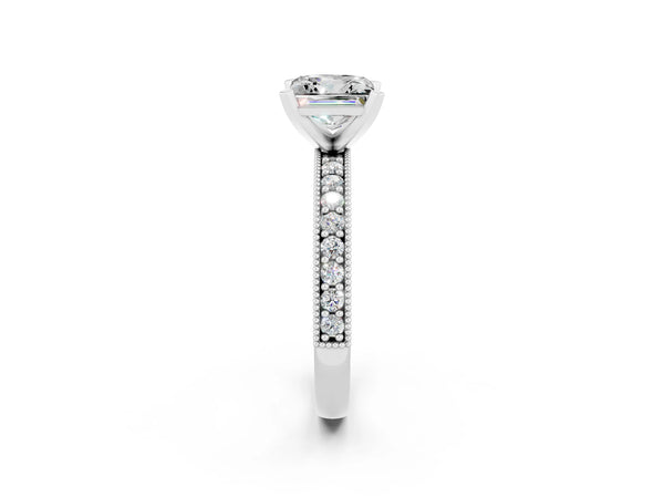 Platinum Princess Cut Moissanite Milgrain Pavé Engagement Ring with Four-Prong Setting