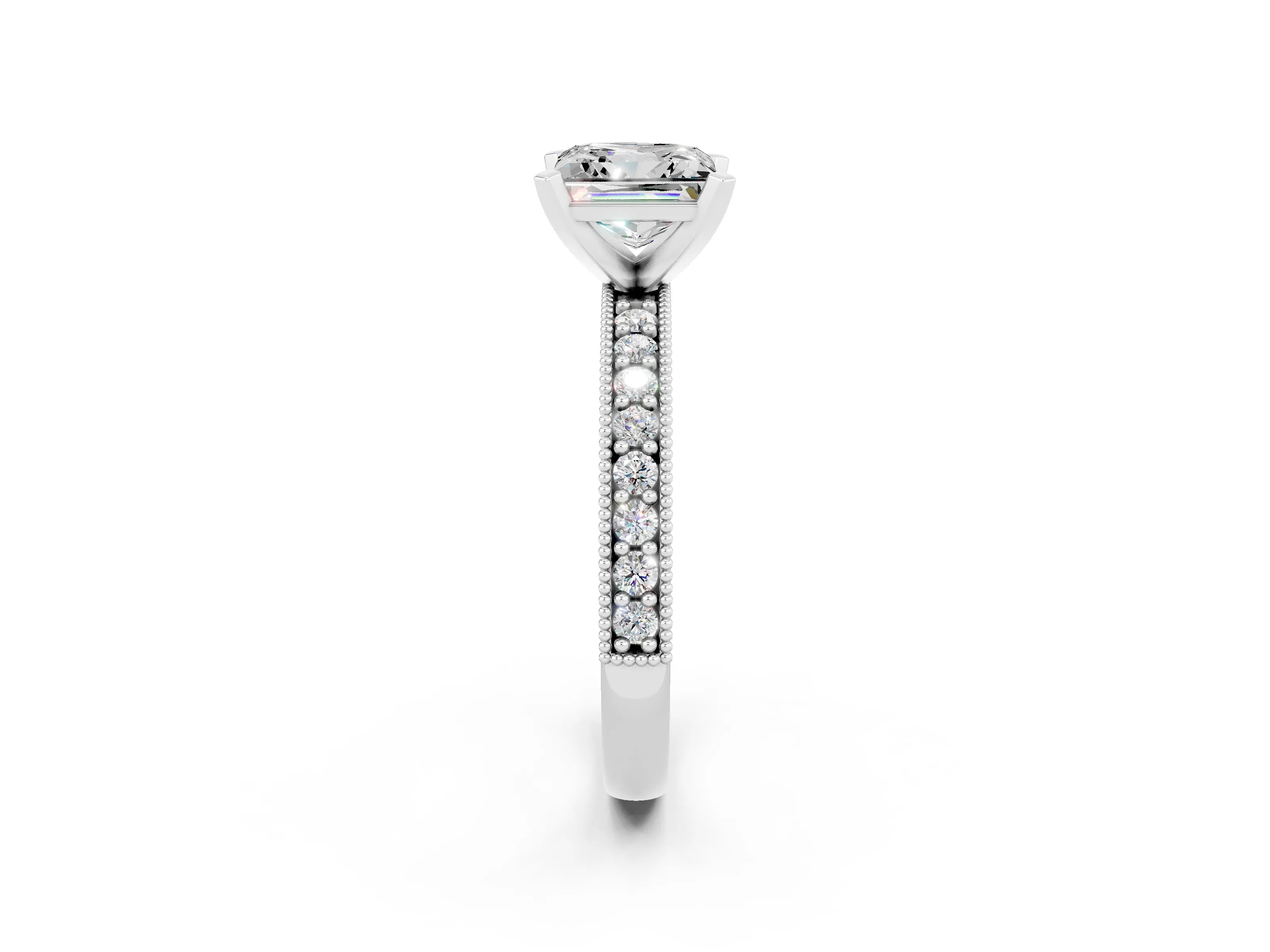 White gold Princess Cut Moissanite Milgrain Pavé Engagement Ring with Four-Prong Setting_14