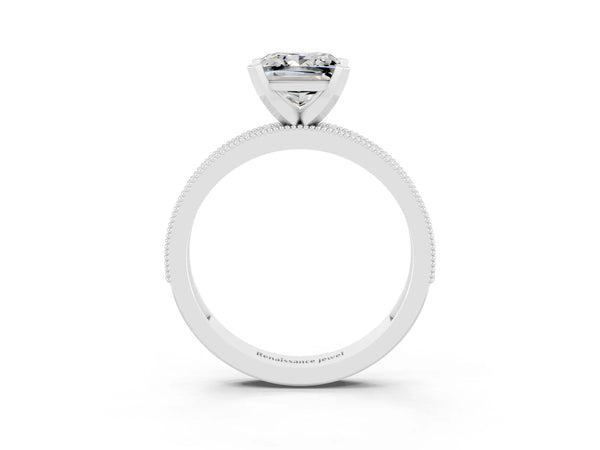 Platinum Princess Cut Moissanite Milgrain Pavé Engagement Ring with Four-Prong Setting