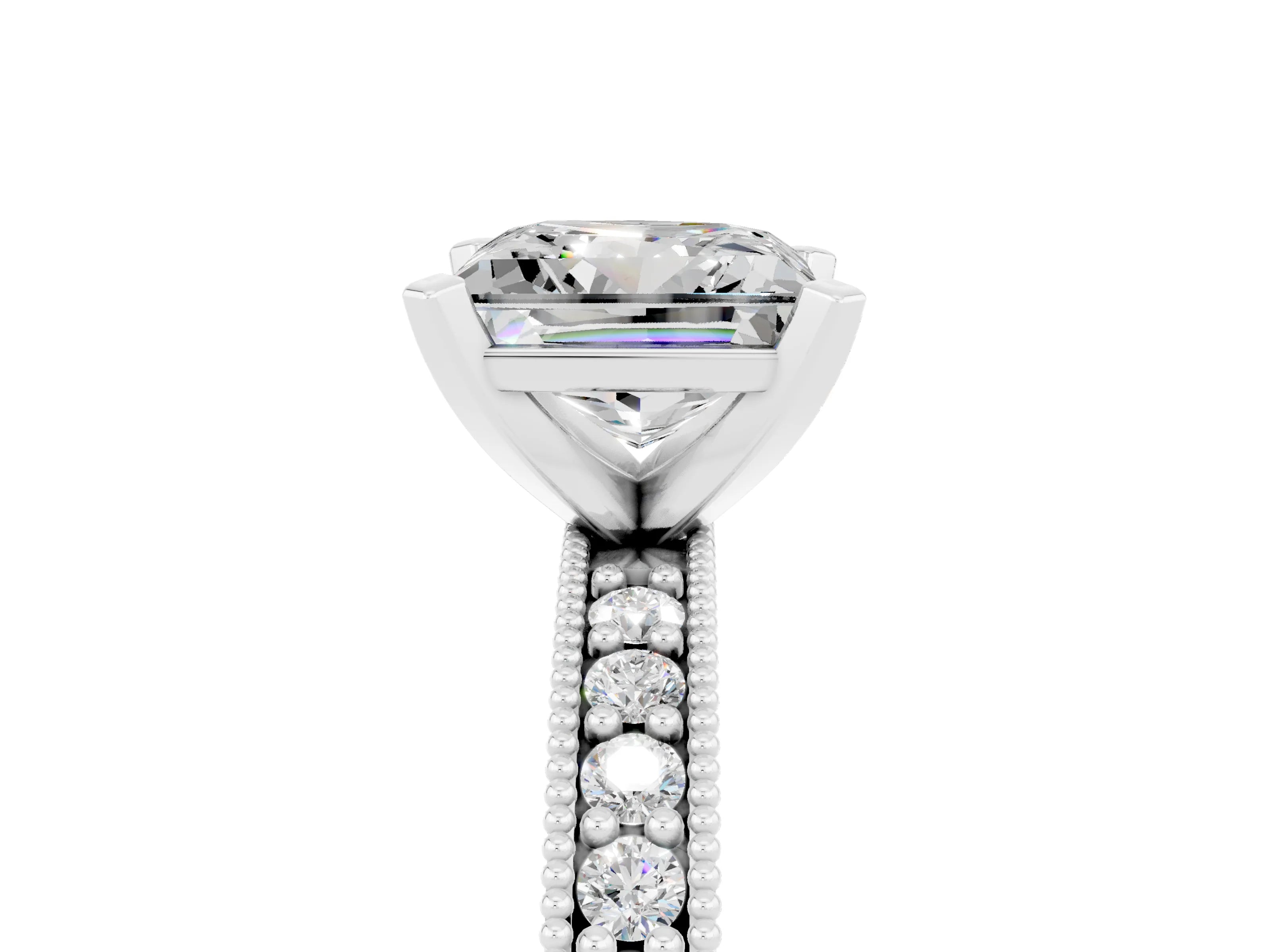 White gold Princess Cut Moissanite Milgrain Pavé Engagement Ring with Four-Prong Setting_17