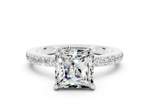 Platinum Princess Cut Moissanite Pavé Engagement Ring with Round  Accents and Prong Setting