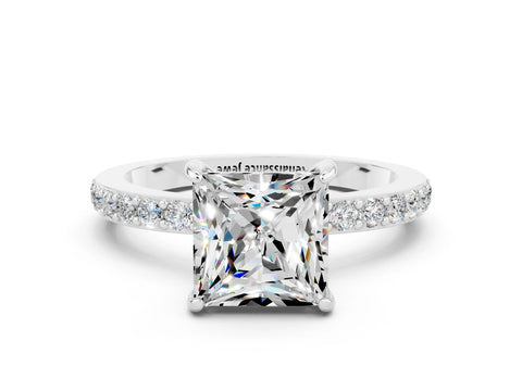 White gold Princess Cut Moissanite Pavé Engagement Ring with Round  Accents and Prong Setting_24