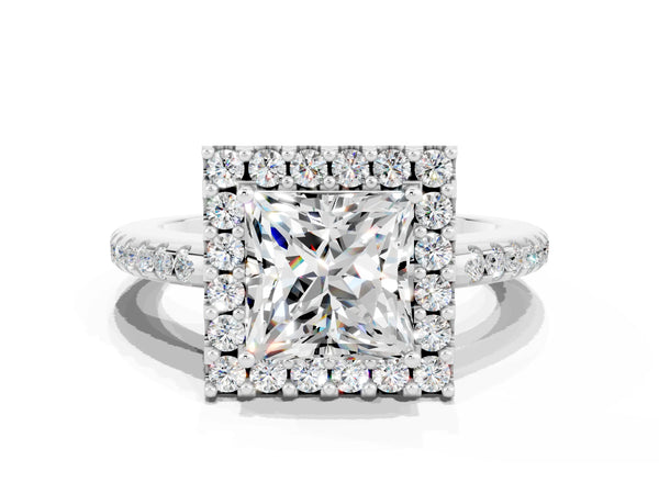 White gold Princess Cut Moissanite Pavé Halo Ring with Four-Prong Setting