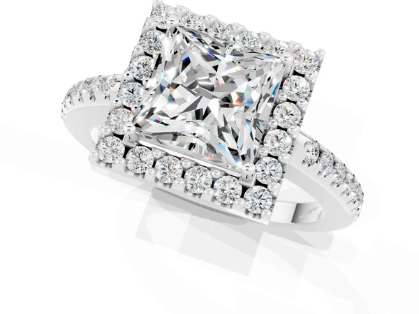 Silver Princess Cut Moissanite Pavé Halo Ring with Four-Prong Setting