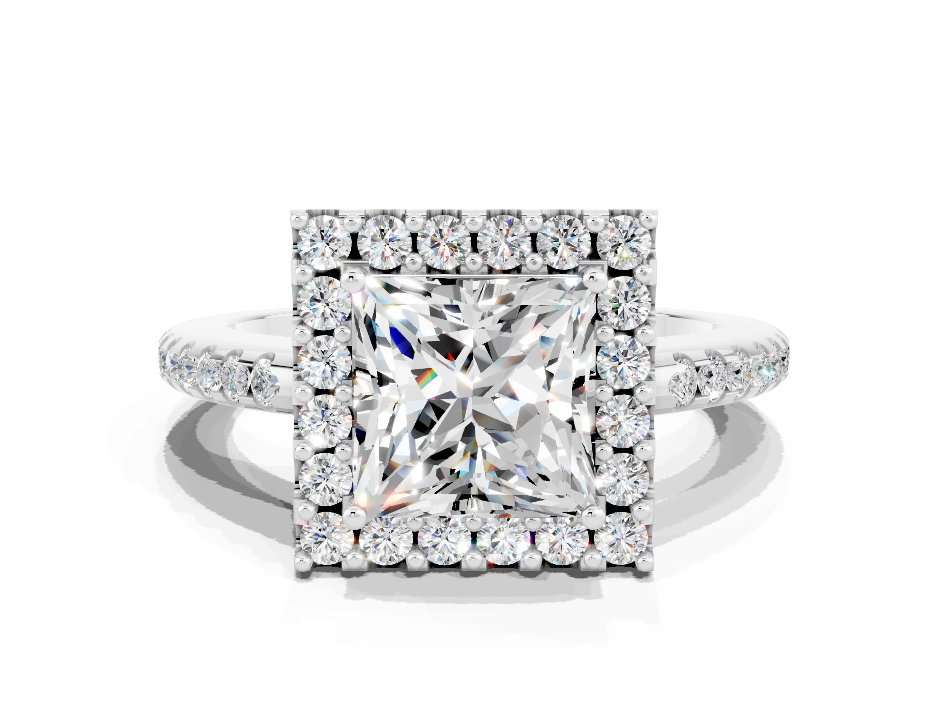 White gold Princess Cut Moissanite Pavé Halo Ring with Four-Prong Setting_36