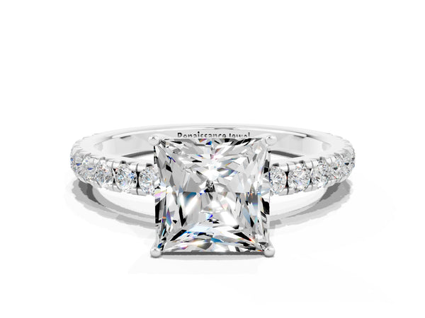 Platinum Princess Cut Moissanite Pavé Solitaire Engagement Ring with Four-Prong Setting