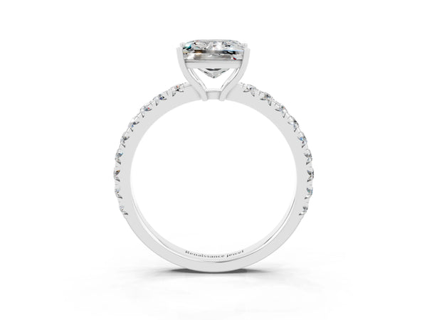 White gold Princess Cut Moissanite Pavé Solitaire Engagement Ring with Four-Prong Setting