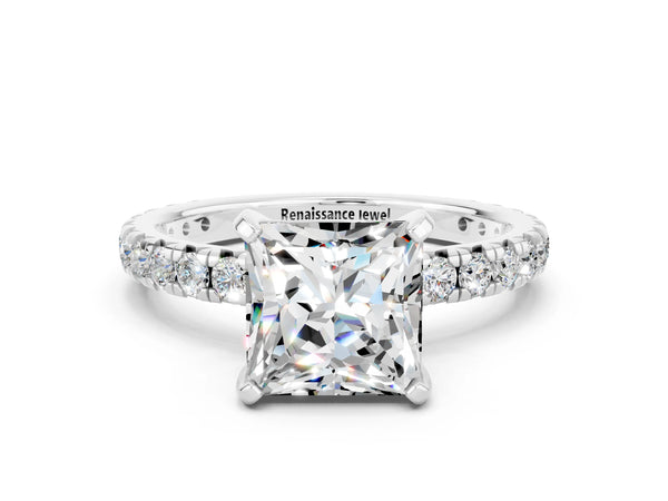 Platinum Princess Cut Moissanite Pavé Solitaire Ring with Round Band and Prong Setting