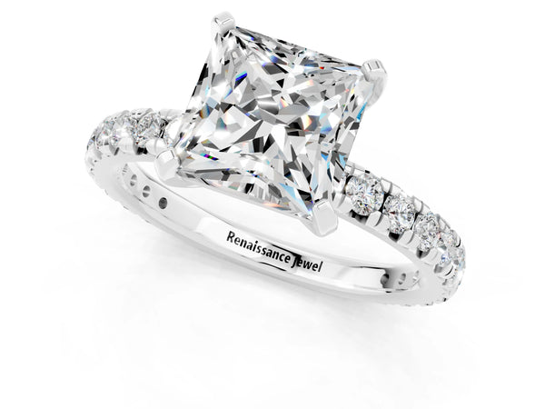 Platinum Princess Cut Moissanite Pavé Solitaire Ring with Round Band and Prong Setting
