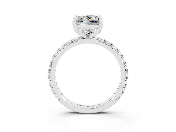 Platinum Princess Cut Moissanite Pavé Solitaire Ring with Round Band and Prong Setting