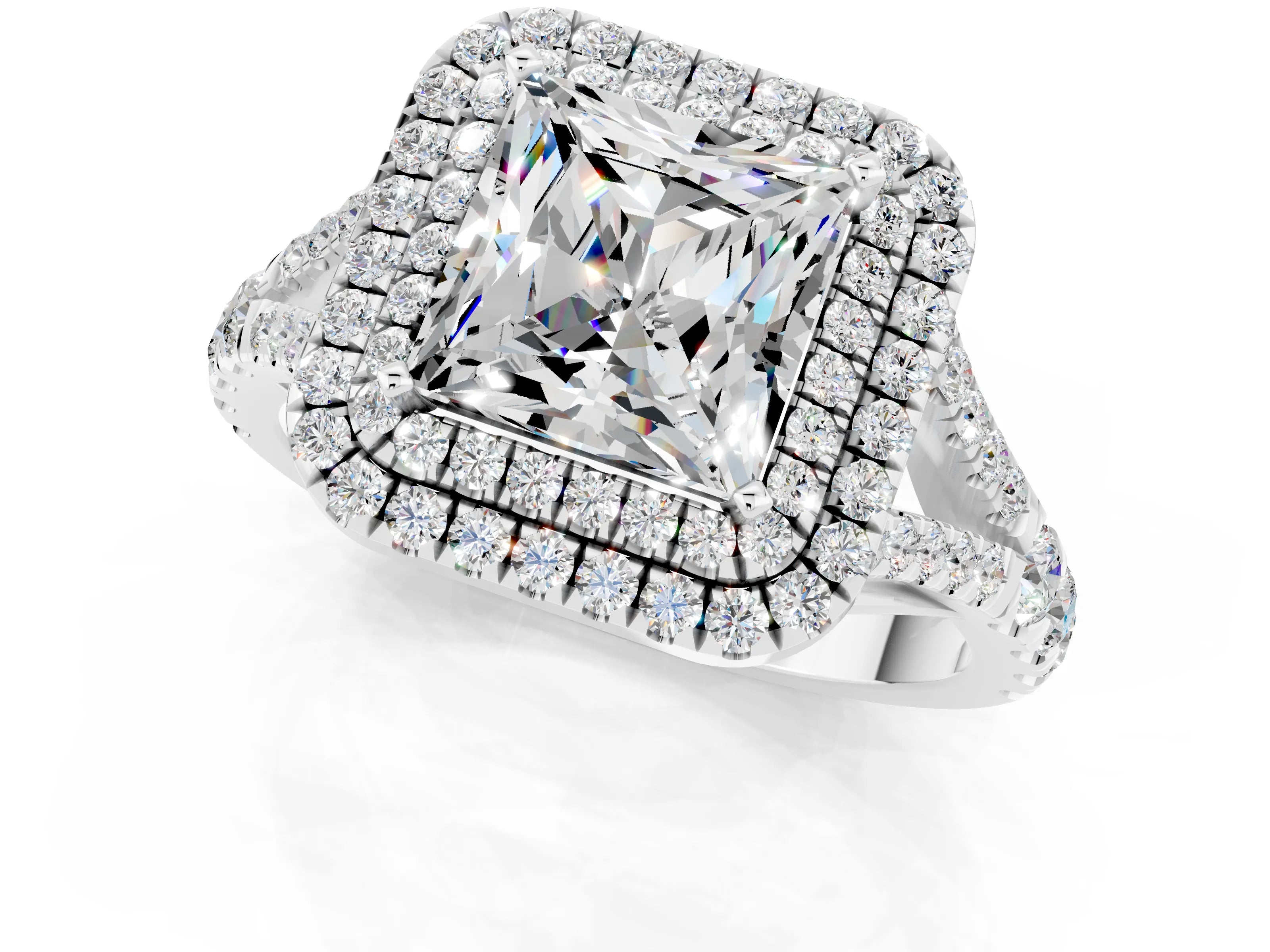 White gold Princess Cut Moissanite Pavé Split Shank Double Halo Engagement Ring_1