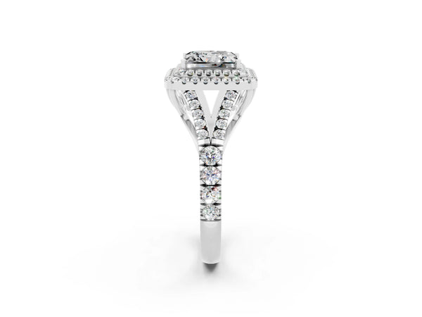 Platinum Princess Cut Moissanite Pavé Split Shank Double Halo Engagement Ring