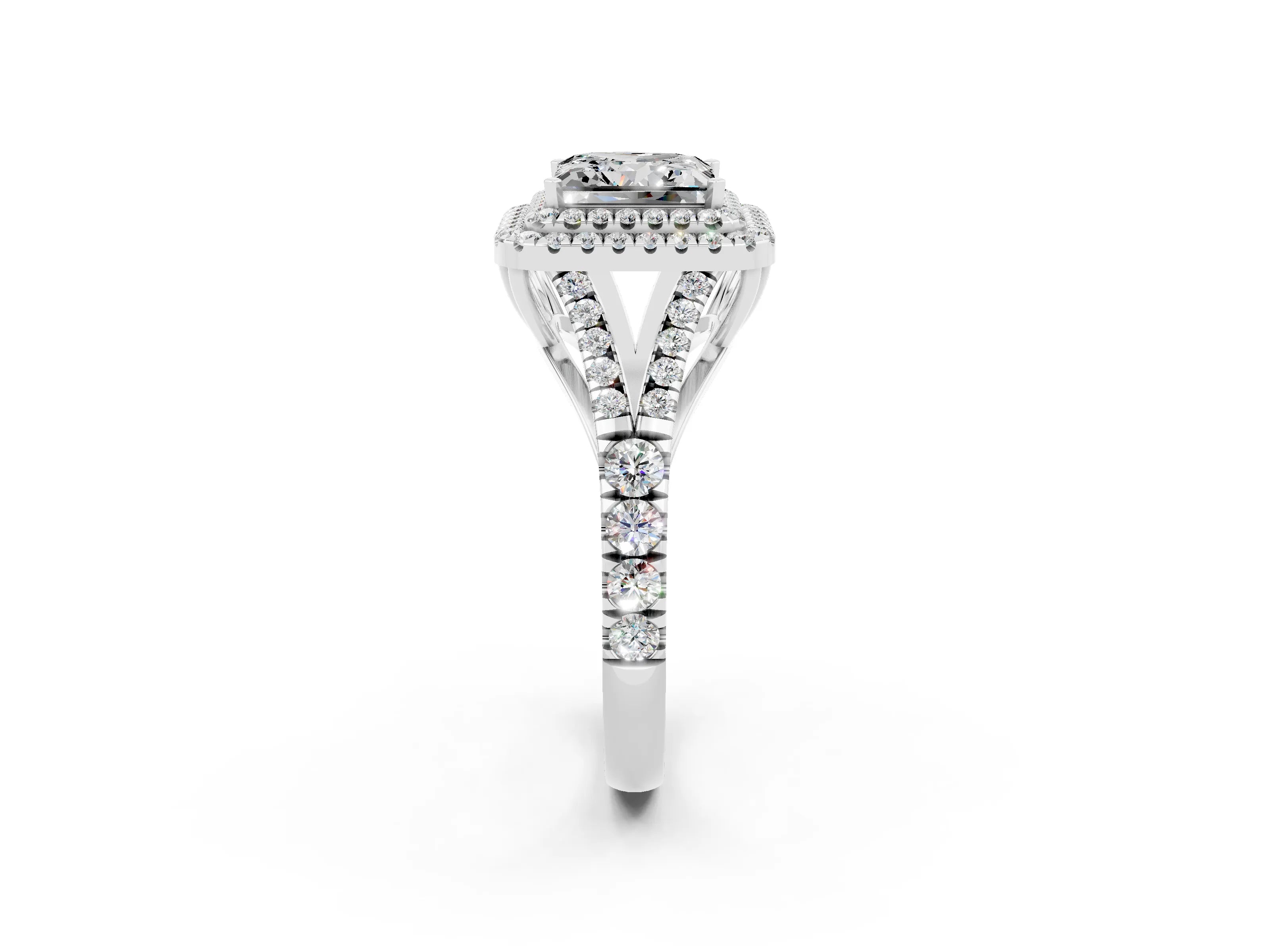 White gold Princess Cut Moissanite Pavé Split Shank Double Halo Engagement Ring_2