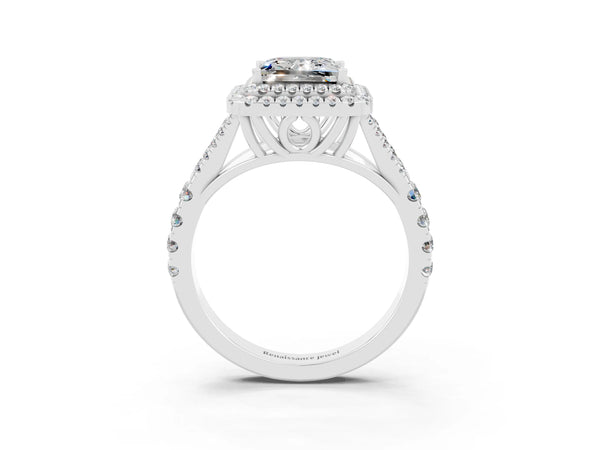 Platinum Princess Cut Moissanite Pavé Split Shank Double Halo Engagement Ring