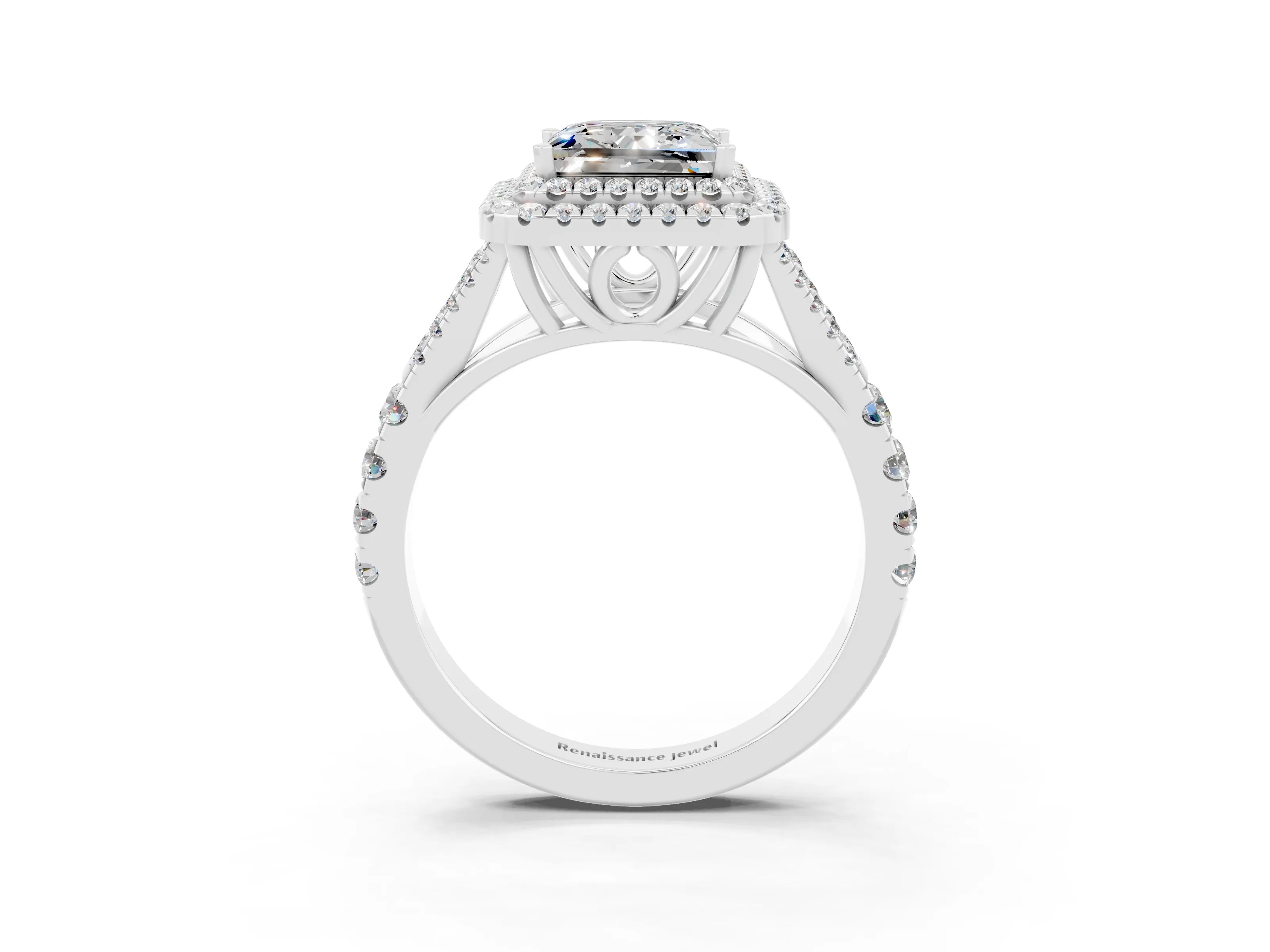 White gold Princess Cut Moissanite Pavé Split Shank Double Halo Engagement Ring_3