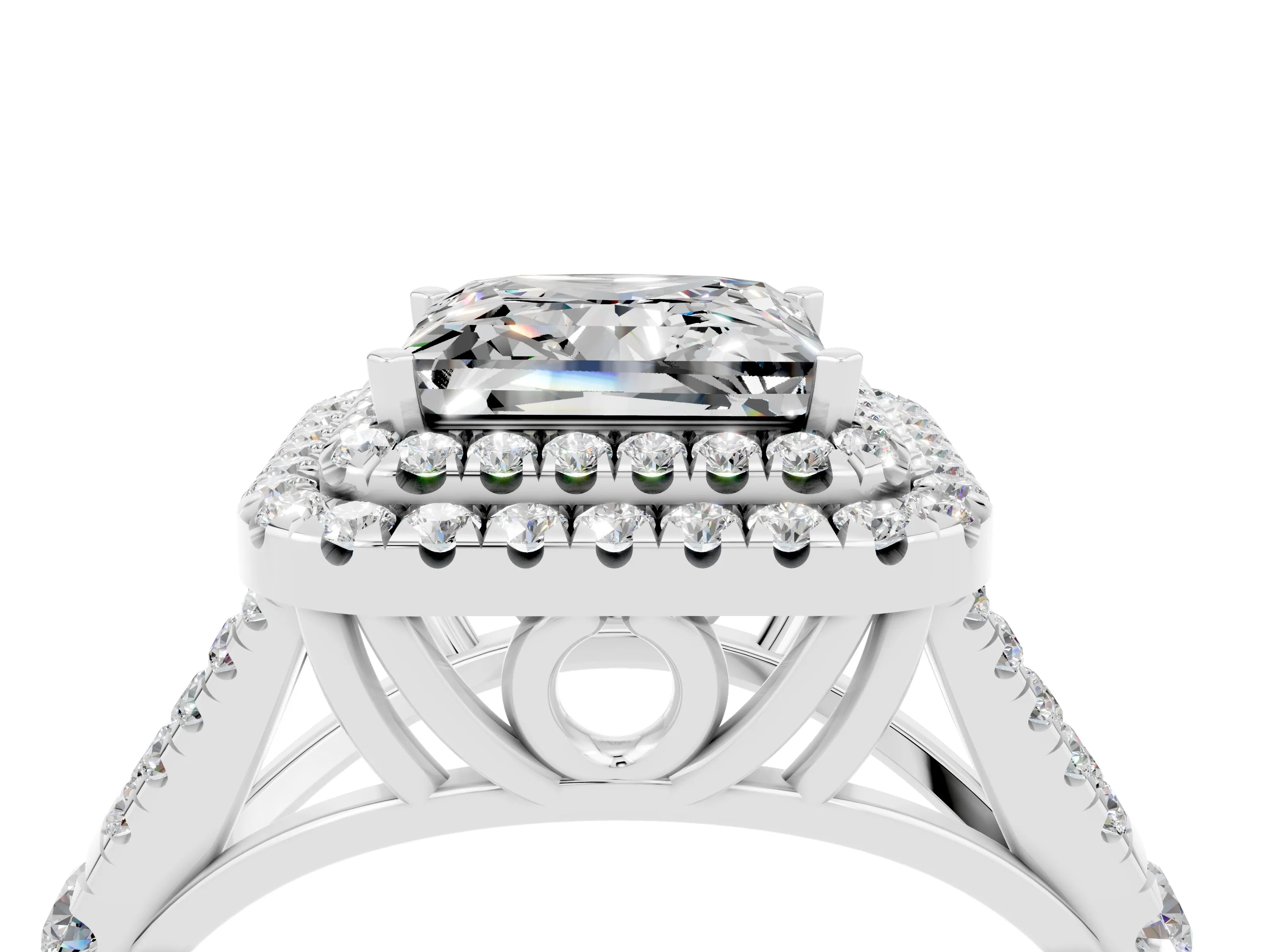 White gold Princess Cut Moissanite Pavé Split Shank Double Halo Engagement Ring_4