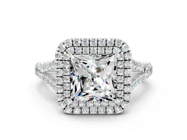 Silver Princess Cut Moissanite Pavé Split Shank Double Halo Engagement Ring