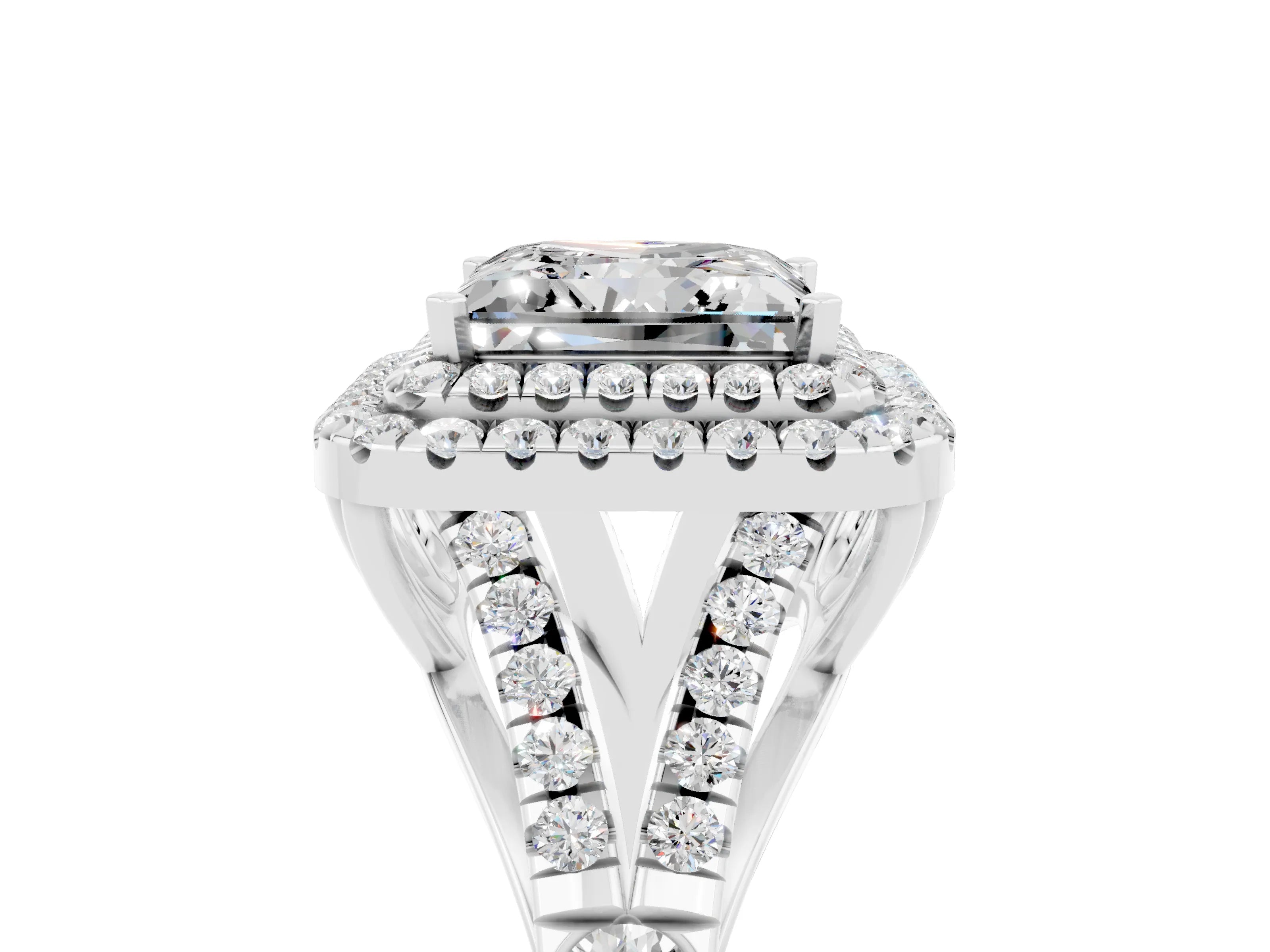 White gold Princess Cut Moissanite Pavé Split Shank Double Halo Engagement Ring_5