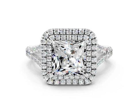 White gold Princess Cut Moissanite Pavé Split Shank Double Halo Engagement Ring