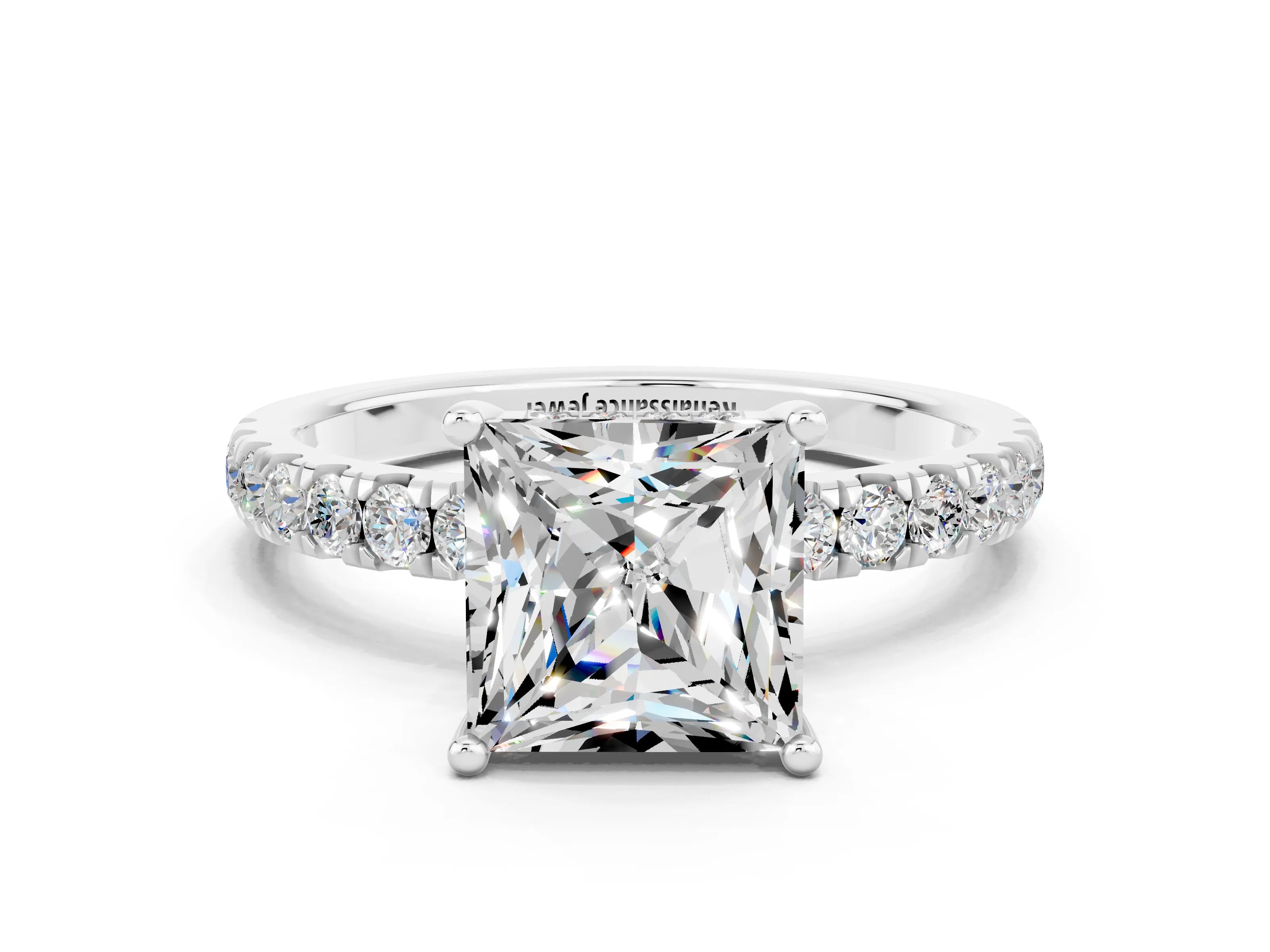 White gold Princess Cut Moissanite Pave Band Solitaire Ring with Four-Prong Setting_24
