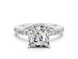 White gold Princess Cut Moissanite Pave Band Solitaire Ring with Four-Prong Setting_24