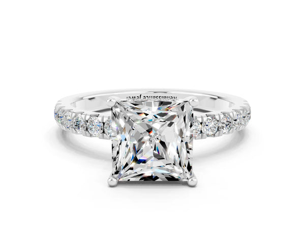 Silver Princess Cut Moissanite Pave Band Solitaire Ring with Round  and Prong Setting