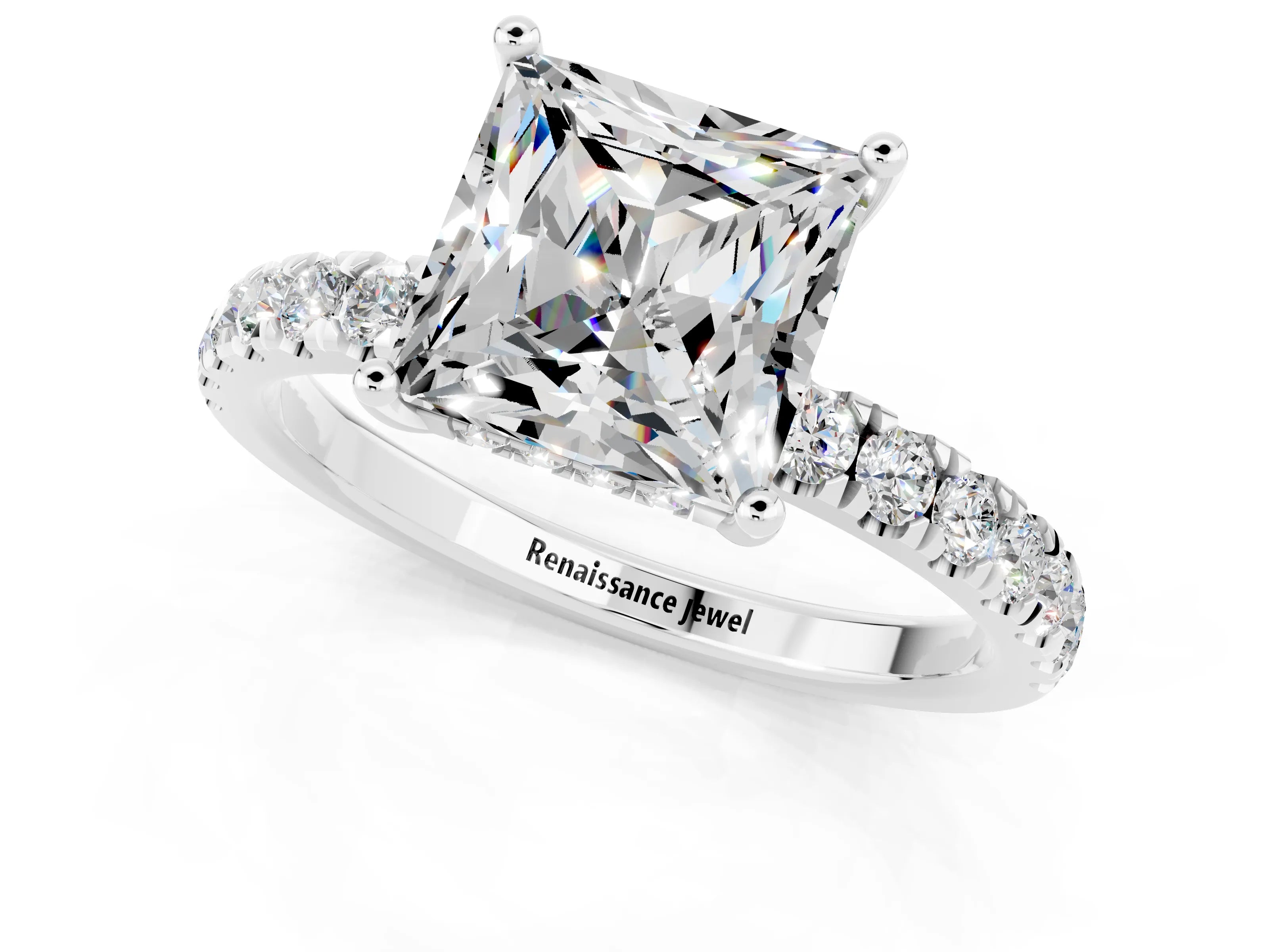 White gold Princess Cut Moissanite Pave Band Solitaire Ring with Four-Prong Setting_25