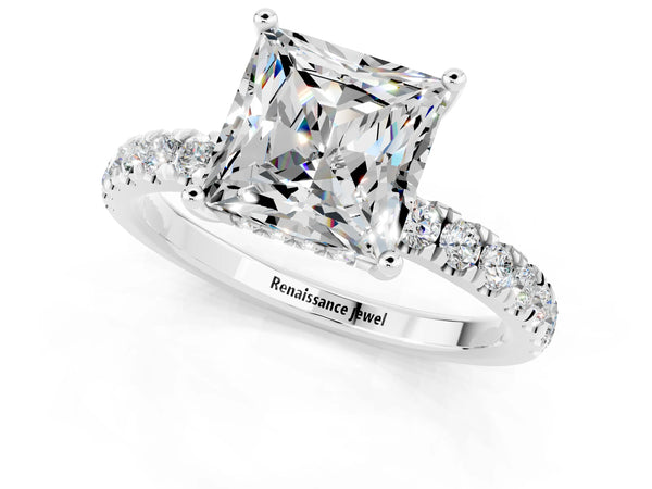 Platinum Princess Cut Moissanite Pave Band Solitaire Ring with Round  and Prong Setting