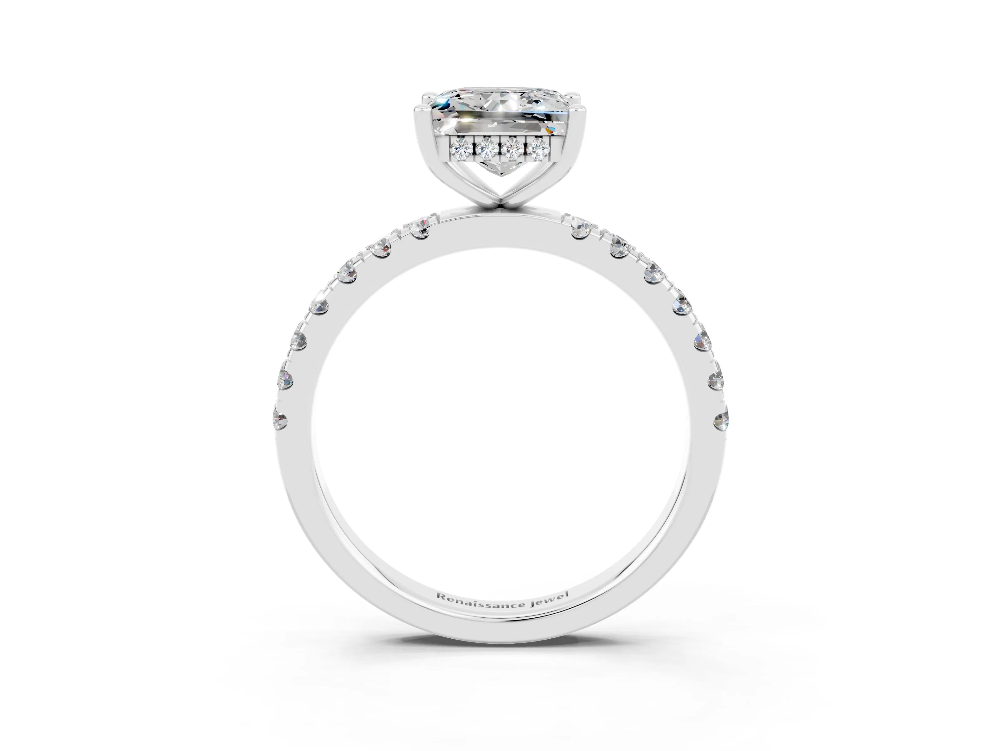 White gold Princess Cut Moissanite Pave Band Solitaire Ring with Four-Prong Setting_27