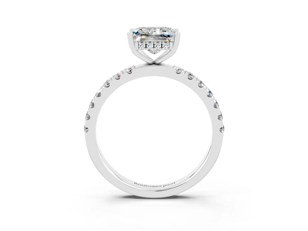 Platinum Princess Cut Moissanite Pave Band Solitaire Ring with Round  and Prong Setting