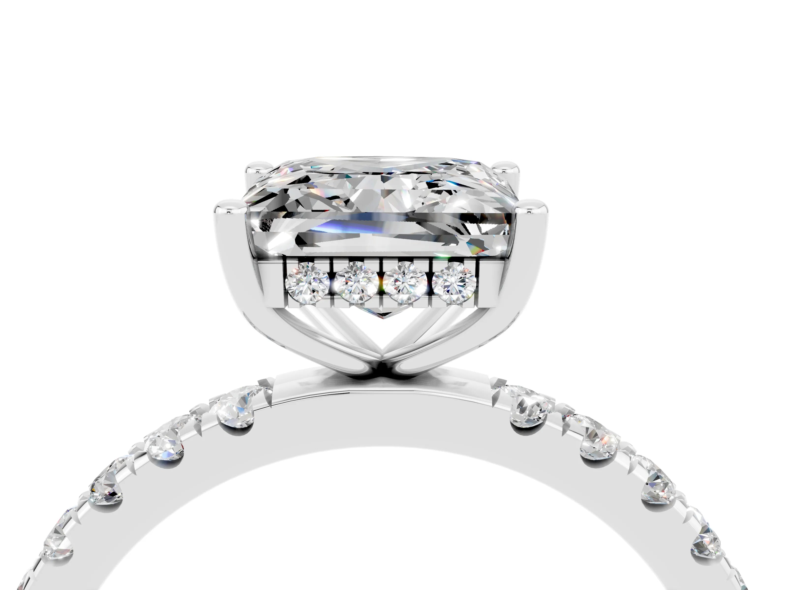 White gold Princess Cut Moissanite Pave Band Solitaire Ring with Four-Prong Setting_28