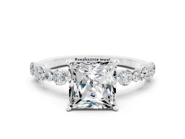 Platinum Princess Cut Moissanite Prong Set Engagement Ring with Pavé Band