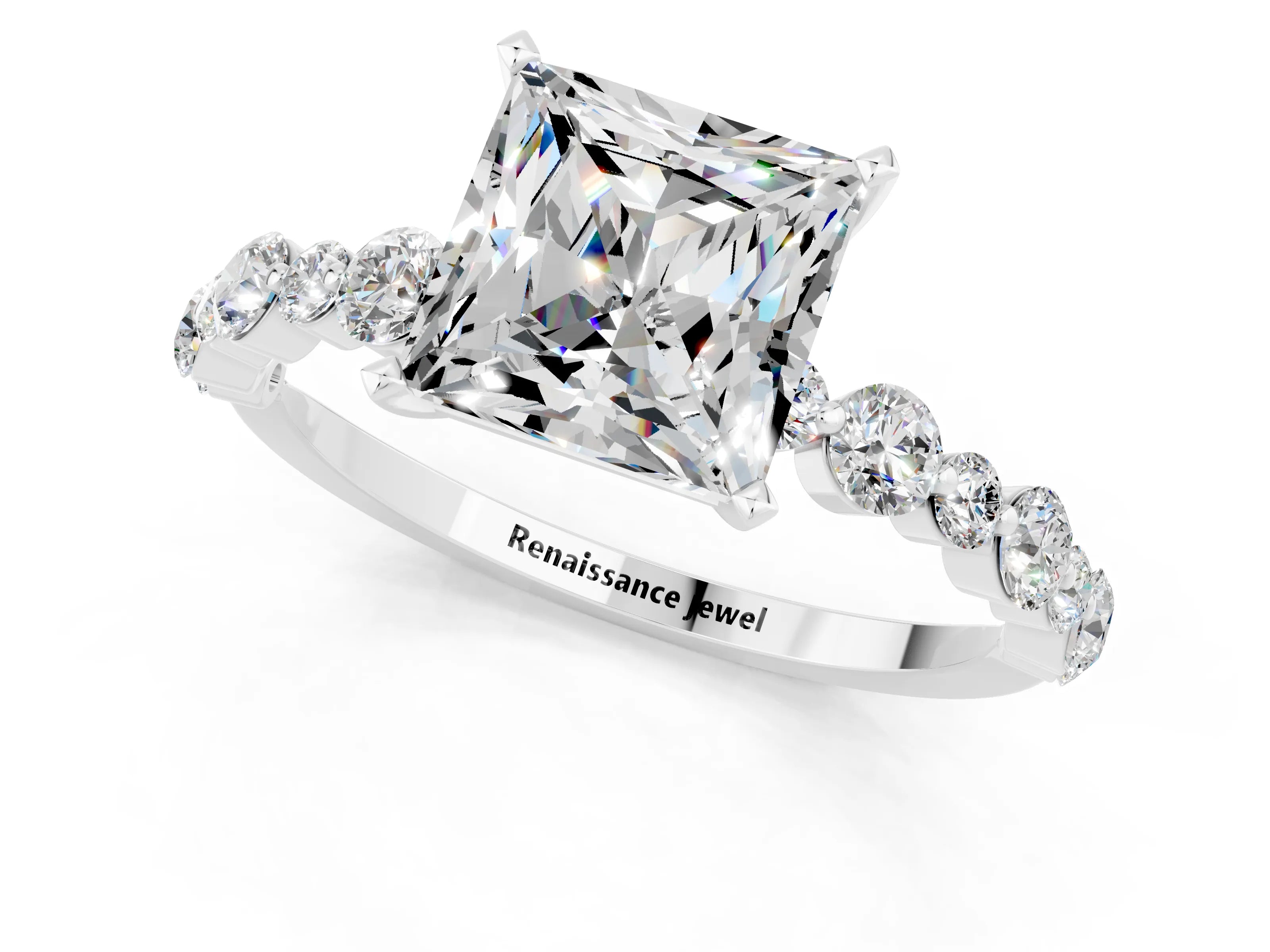 White gold Princess Cut Moissanite Prong Set Engagement Ring with Pavé Band_1