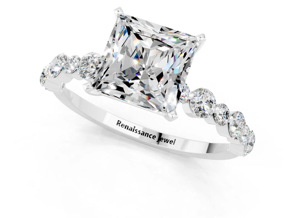 White gold Princess Cut Moissanite Prong Set Engagement Ring with Pavé Band