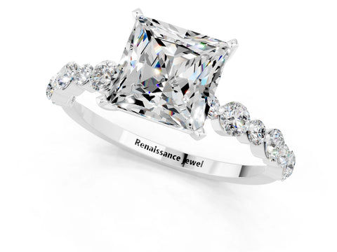 White gold Princess Cut Moissanite Prong Set Engagement Ring with Pavé Band_1