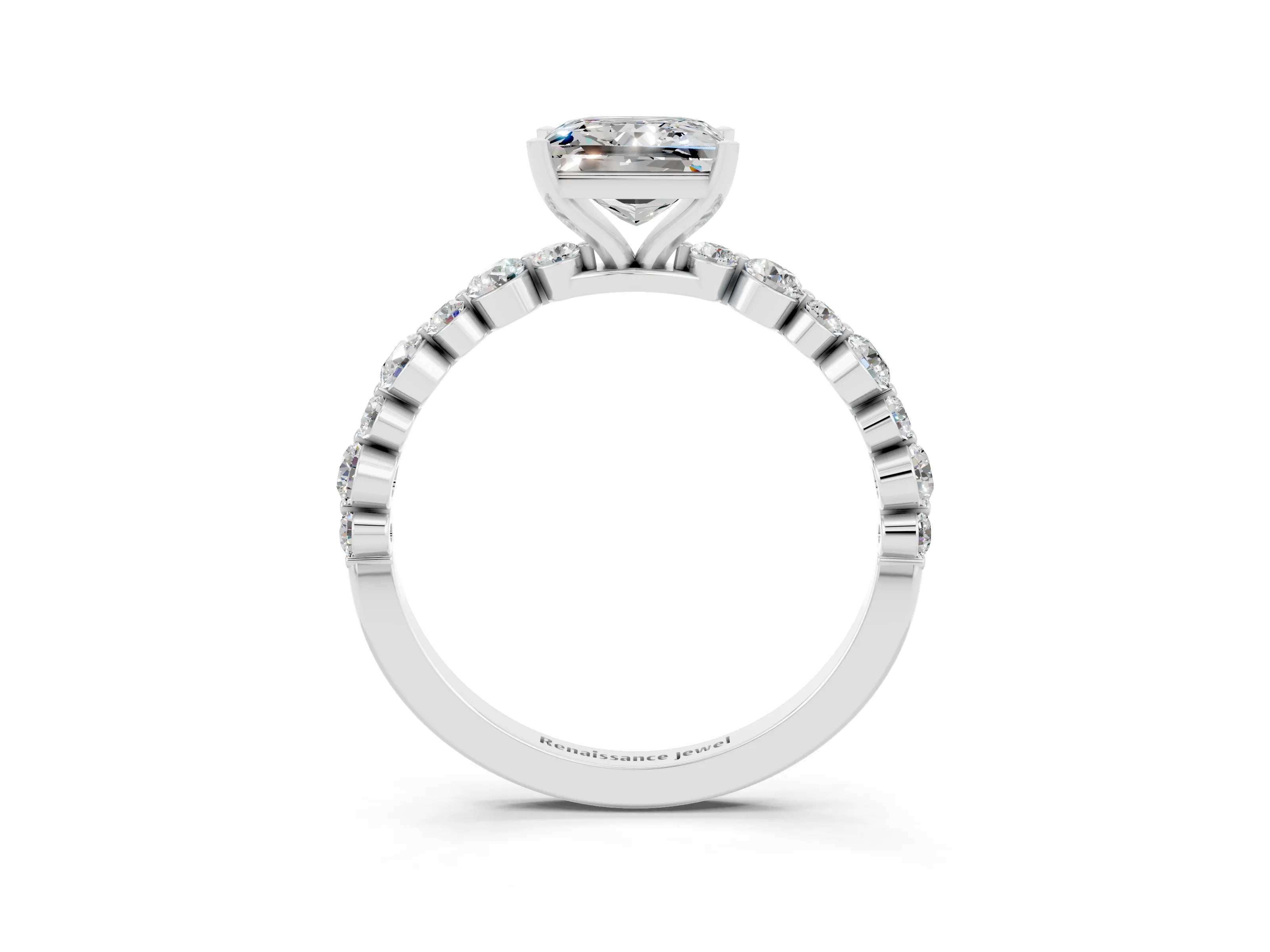 White gold Princess Cut Moissanite Prong Set Engagement Ring with Pavé Band_3