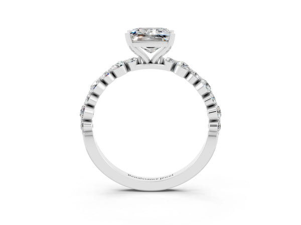 Platinum Princess Cut Moissanite Prong Set Engagement Ring with Pavé Band