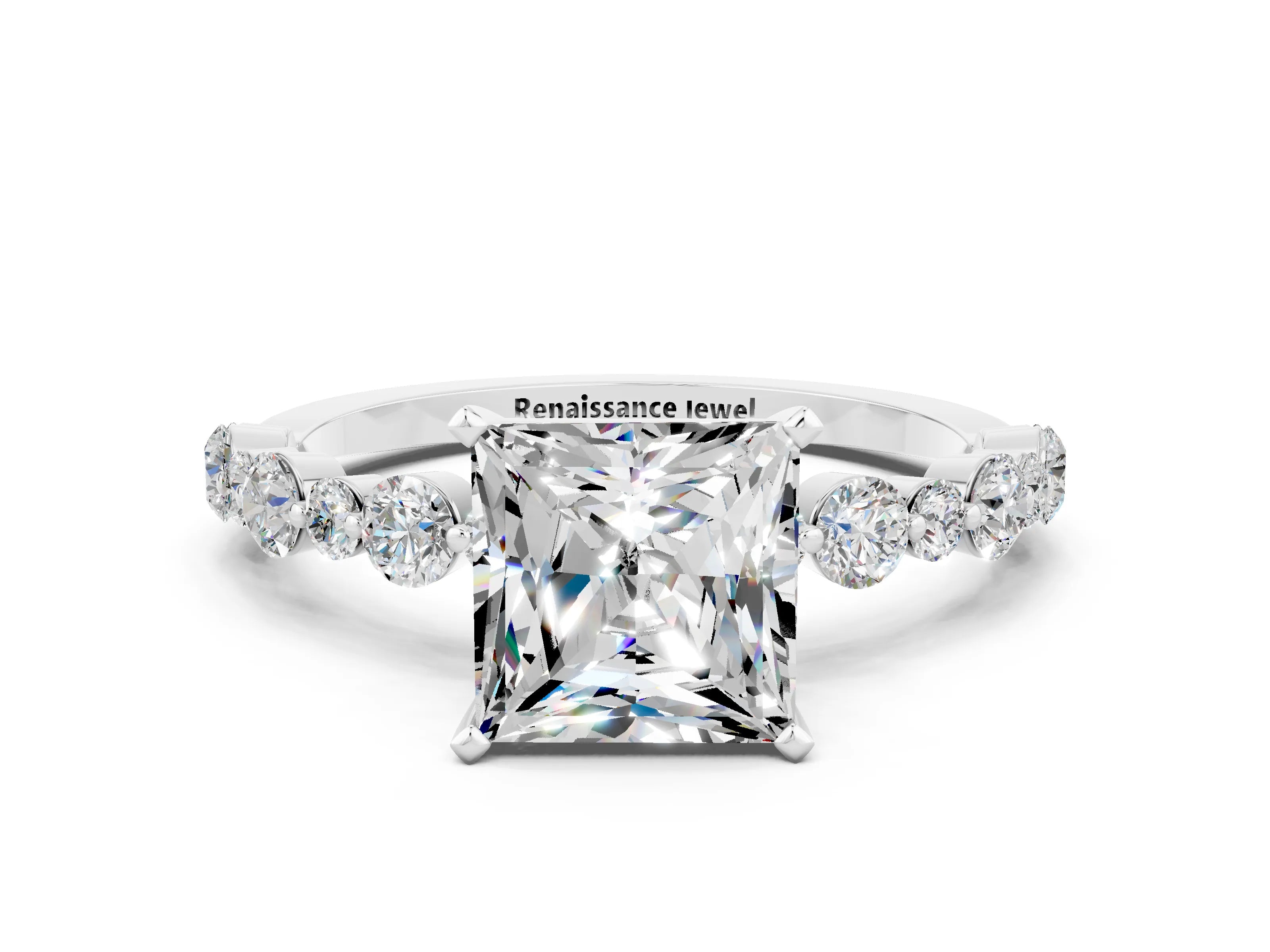 White gold Princess Cut Moissanite Prong Set Engagement Ring with Pavé Band
