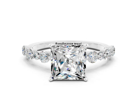 White gold Princess Cut Moissanite Prong Set Engagement Ring with Pavé Band