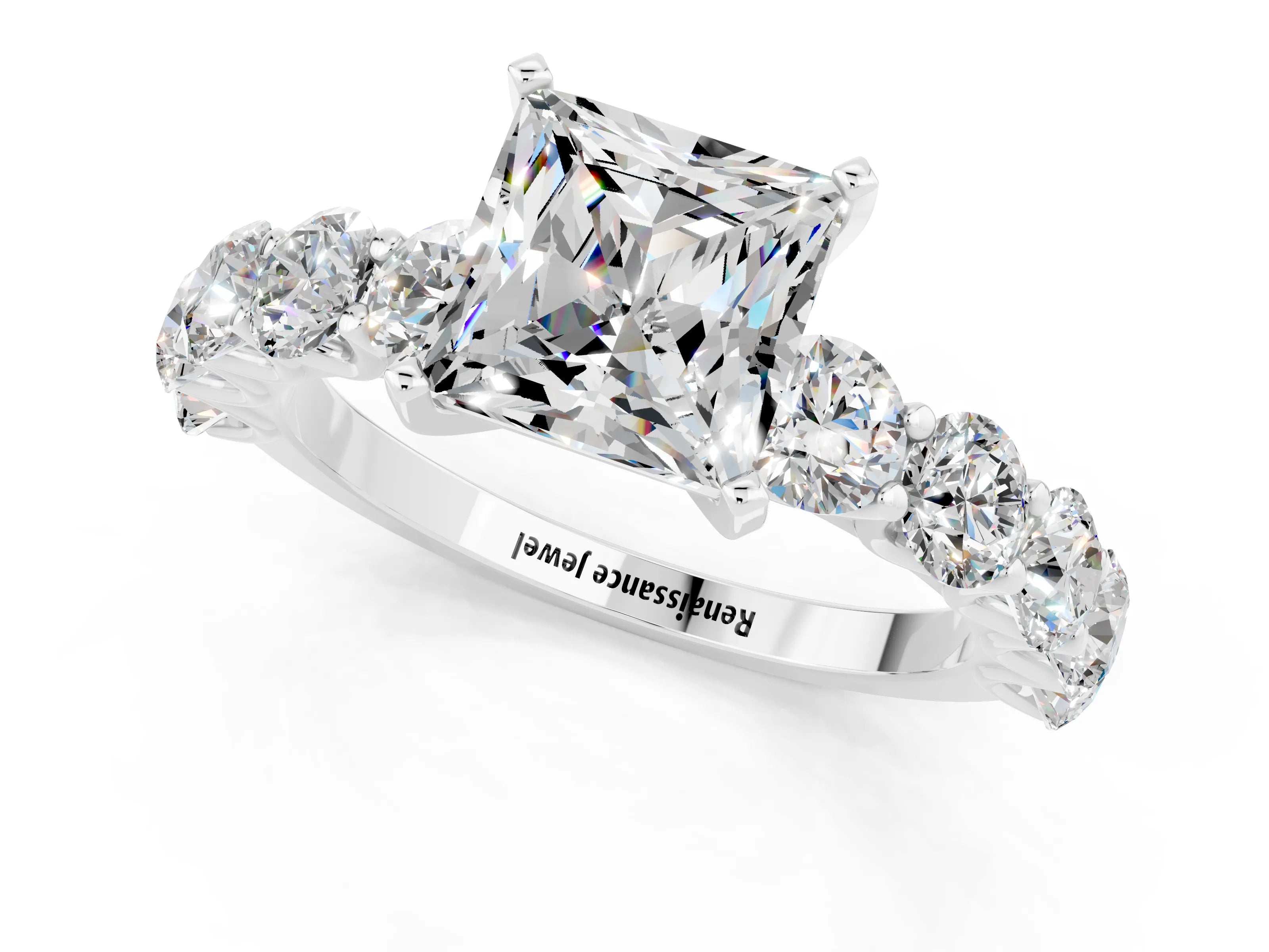 White gold Princess Cut Moissanite Prong Setting with Side Stones on a Pave Band_1