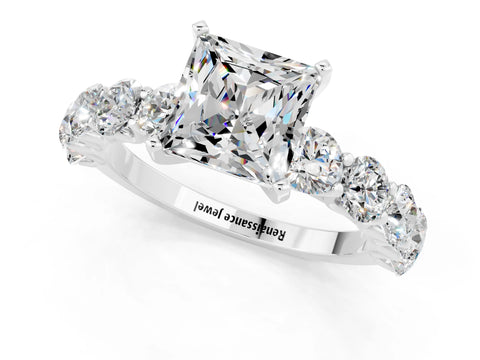 White gold Princess Cut Moissanite Prong Setting with Side Stones on a Pave Band_1