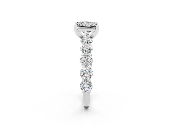 Platinum Princess Cut Moissanite Prong Setting with Side Stones on a Pave Band