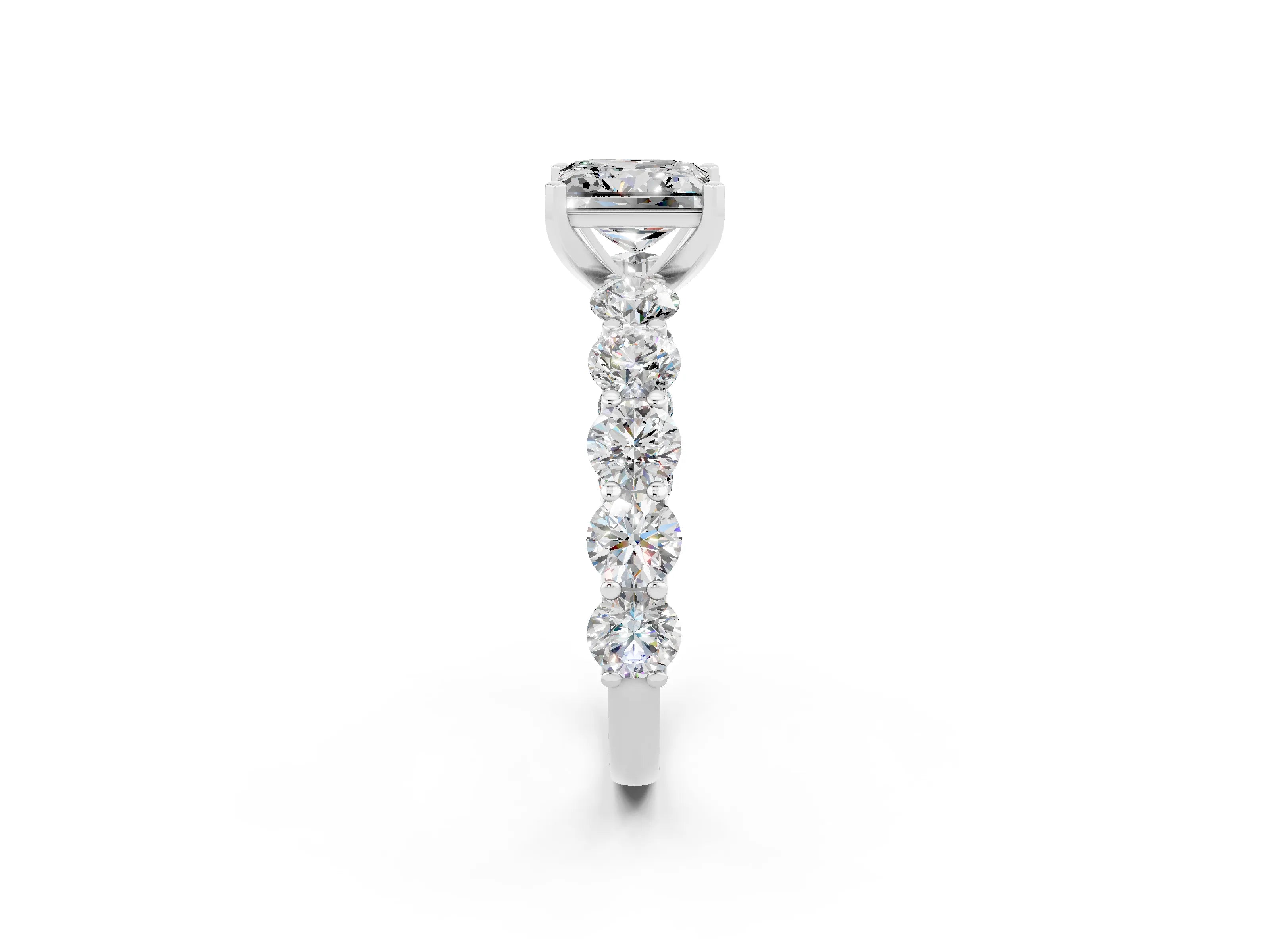 White gold Princess Cut Moissanite Prong Setting with Side Stones on a Pave Band_2