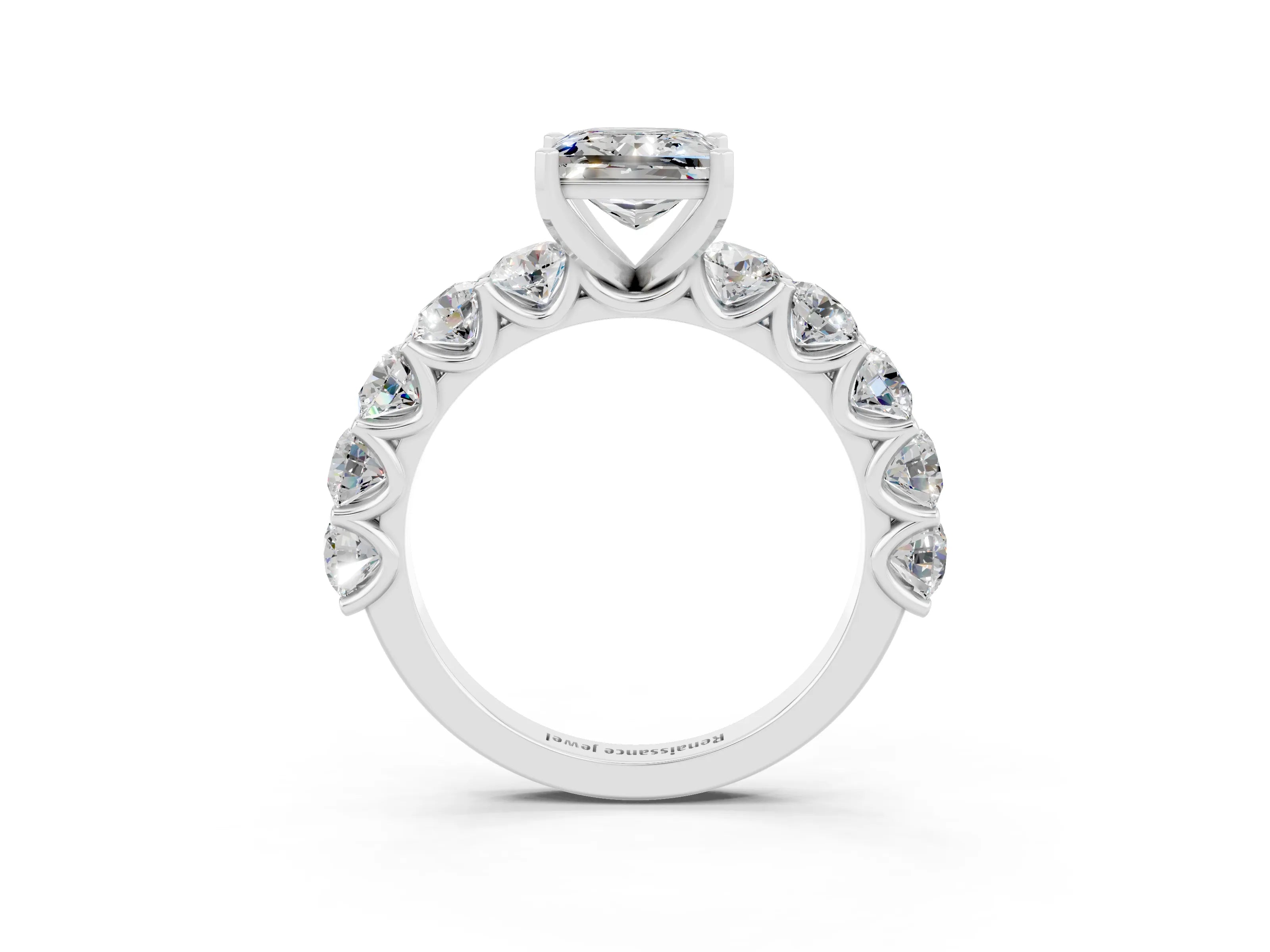 White gold Princess Cut Moissanite Prong Setting with Side Stones on a Pave Band_3